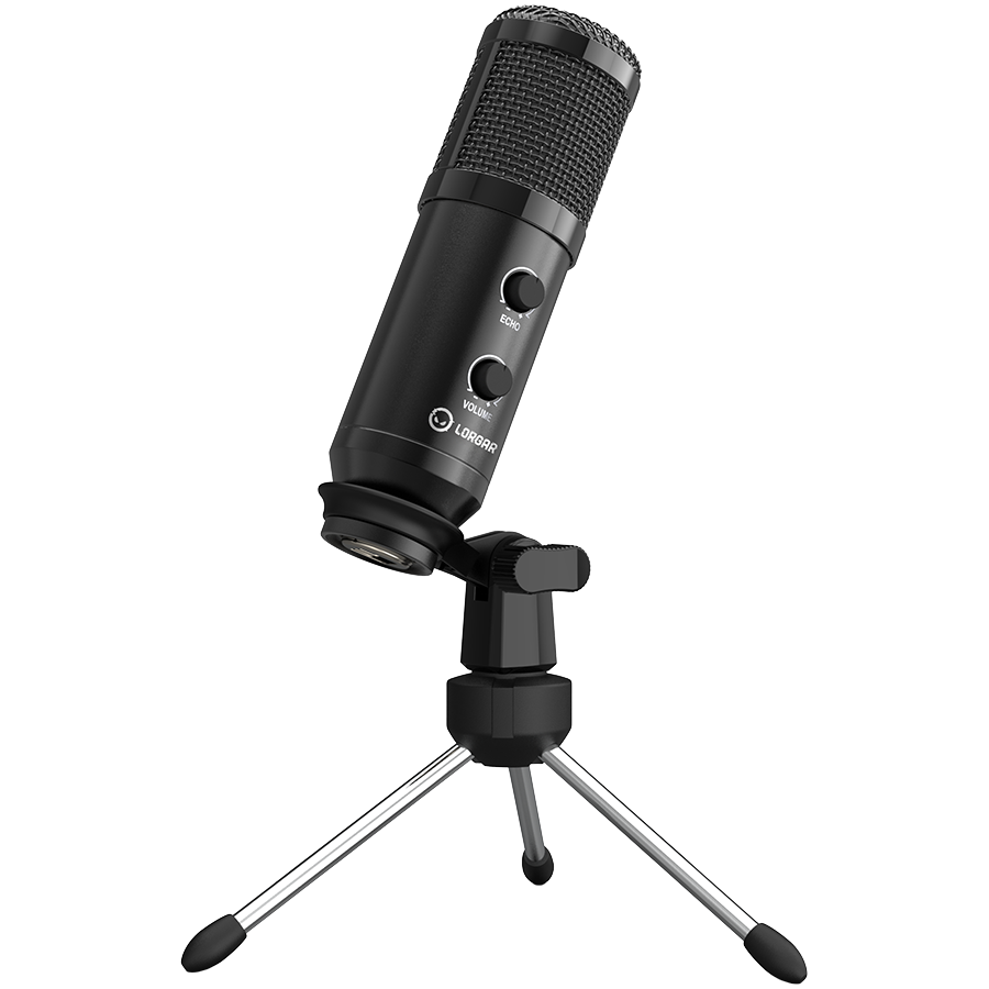 LORGAR Gaming Microphones, Whole balck color, USB condenser microphone with Volumn Knob & Echo Kob, including 1x Microphone, 1 x 2.5M USB Cable, 1 x Tripod Stand, 1 x User Manual, body size: Φ47.4*158.2*48.1mm, weight: 243.0g
