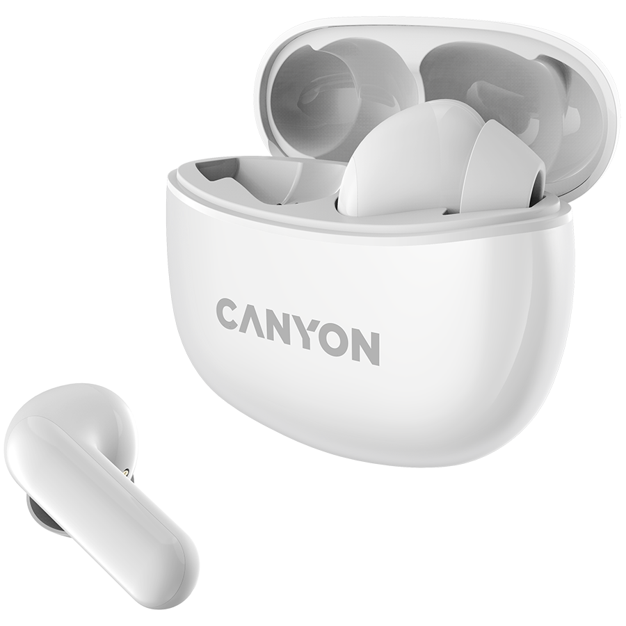 Canyon TWS-5 Bluetooth headset, with microphone, BT V5.3 JL 6983D4, Frequence Response:20Hz-20kHz, battery EarBud 40mAh*2+Charging Case 500mAh, type-C cable length 0.24m, size: 58.5*52.91*25.5mm, 0.036kg, White
