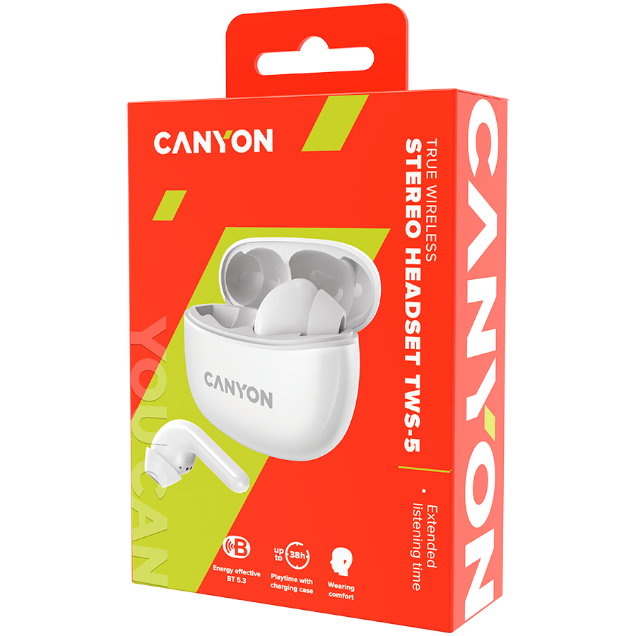 Canyon TWS-5 Bluetooth headset, with microphone, BT V5.3 JL 6983D4, Frequence Response:20Hz-20kHz, battery EarBud 40mAh*2+Charging Case 500mAh, type-C cable length 0.24m, size: 58.5*52.91*25.5mm, 0.036kg, White