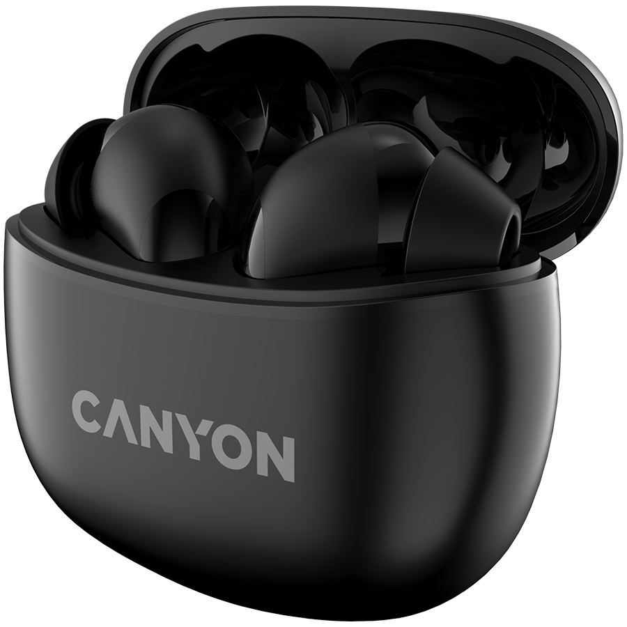 Canyon TWS-5 Bluetooth headset, with microphone, BT V5.3 JL 6983D4, Frequence Response:20Hz-20kHz, battery EarBud 40mAh*2+Charging Case 500mAh, type-C cable length 0.24m, size: 58.5*52.91*25.5mm, 0.036kg, Black