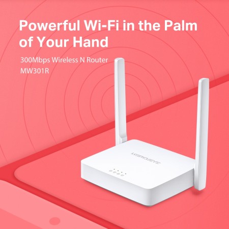 Mercusys MW301R 300Mbps Wireless N Router, 1 x 10/100 WAN Port + 2 x 10/100 LAN Ports, 2 x 5 dBi fixed omni directional antennas, WDS bridge,IPv4,IPv6,Dynamic DNS,DHCP,Port Forwarding,2.4GHz guest network,Mercusys App,IP and MAC address binding