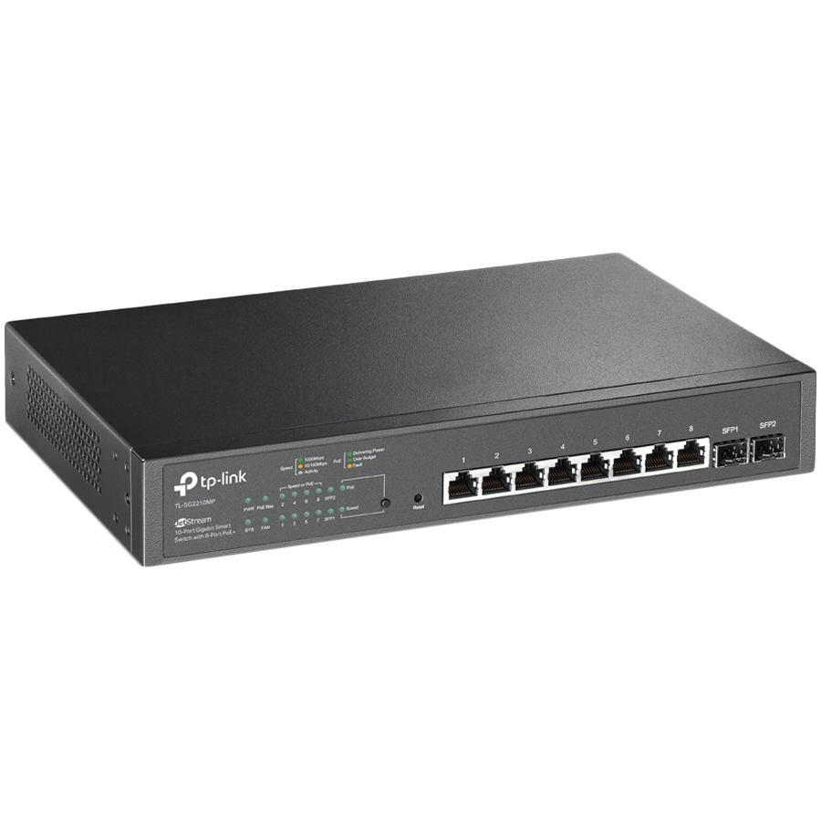 TP-Link SG2210MP Omada 10-Port Gigabit Smart Switch with 8-Port PoE+, 8× G PoE+ ports and 2× G SFP slots, 150 W total PoE budget, Omada app, Static Routing, VLAN, ACL, QoS, IGMP Snooping, Zero-Touch Provisioning, QoS Traffic Prioritization