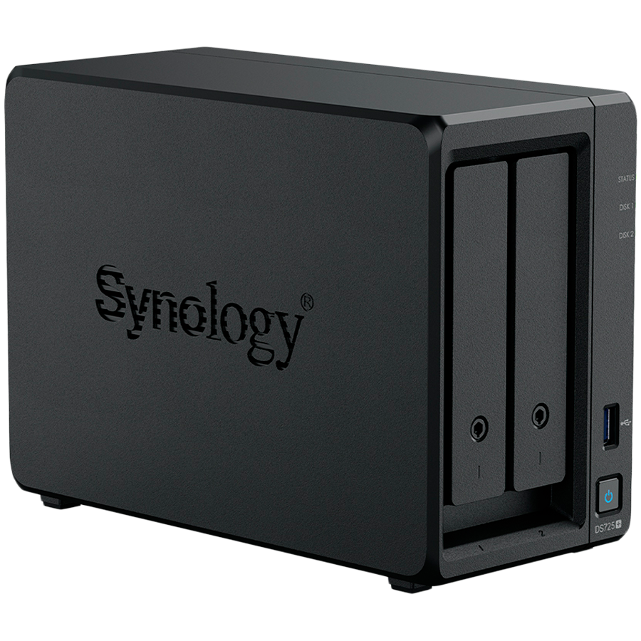Synology DS725+, Tower, 2-Bays 3.5'' SATA HDD/SSD, 2 x M.2 2280 NVMe SSD, CPU AMD Ryzen R1600 dual-core (4-thread), max. boost up to 3.1 GHz, 4 GB DDR4 ECC SODIMM, 1 x 2.5 GbE, 1 x 1GbE, 1 x USB 3.2, 1 x eSATA USB-C, 1.51 kg, 3y