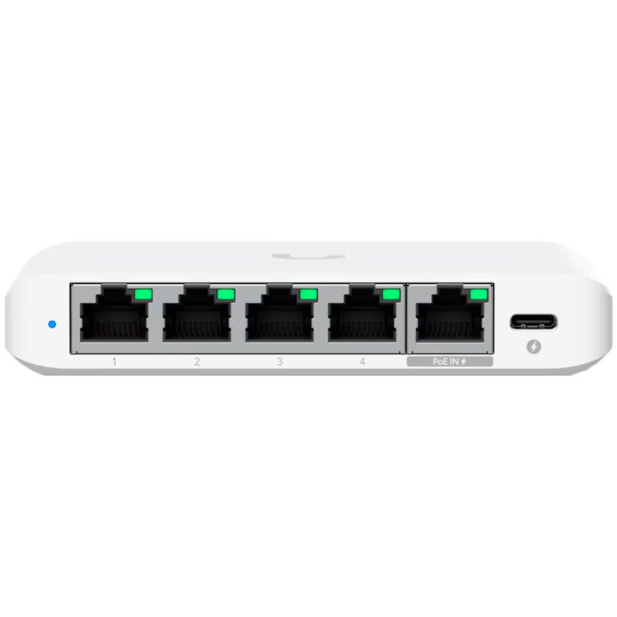 Ubiquiti 5-port 2.5G switch that can be powered with PoE or a USB-C adapter; 4x 2.5 GbE ports, 2.5 GbE PoE input port for power