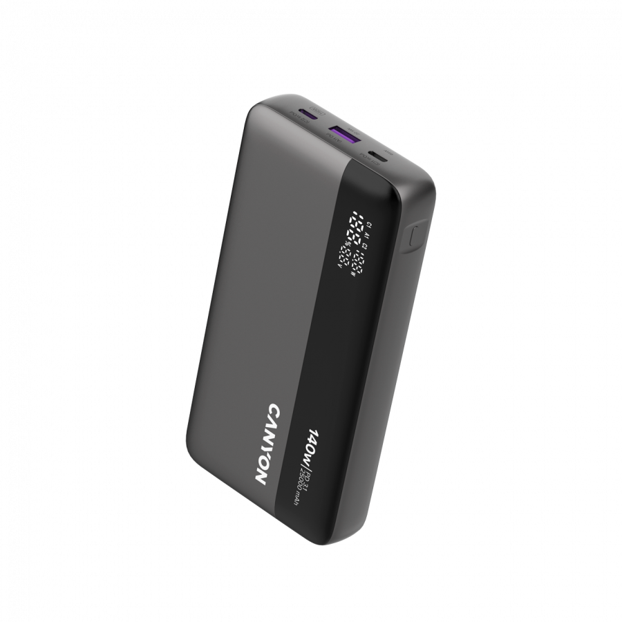 CANYON Power Bank PB-240, 25000mAh PD140W display power bank,Size160.0x82x27 mm Weight 508+-10g, Dark Grey