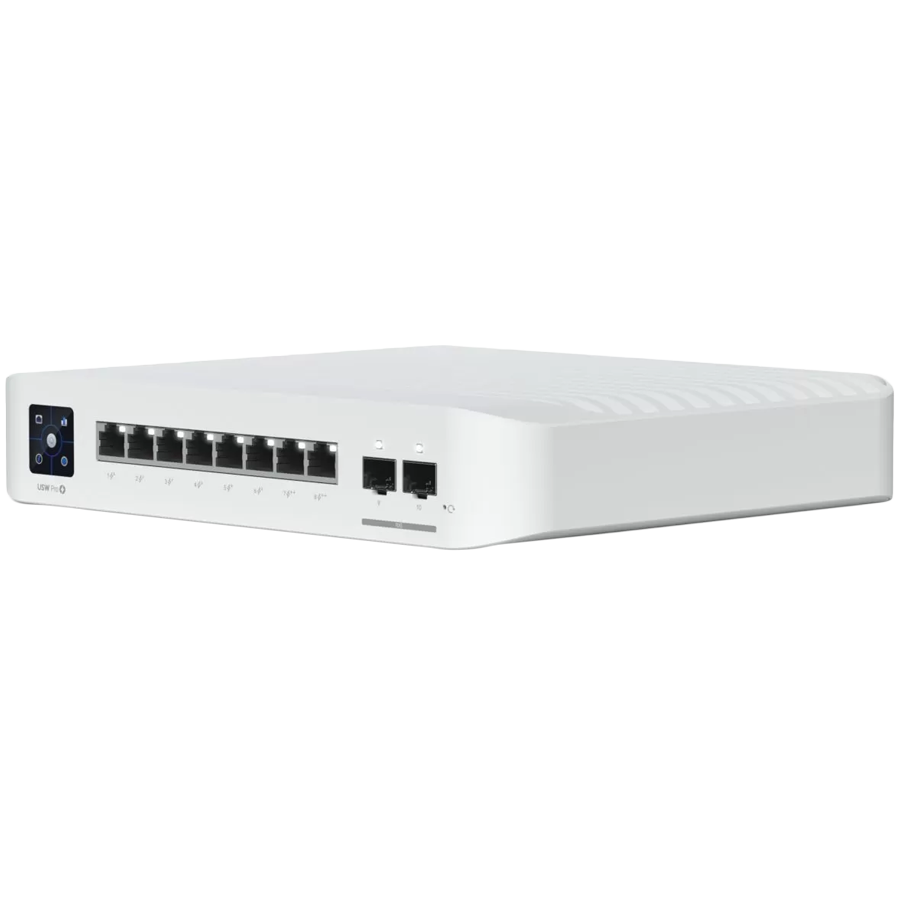 Ubiquiti USW-Pro-8-PoE-EU An 8-port, Layer 3 switch with PoE+ and PoE++ output. Can power devices with up to 120W, with a power consumption of 30W (Excluding PoE output)
