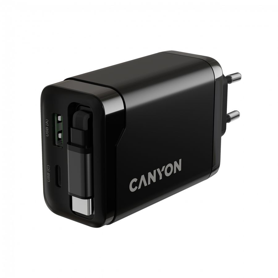CANYON charger OnCharge 65RC Build-In Cable USB-C 65W 1xPD 1xQC EU Black