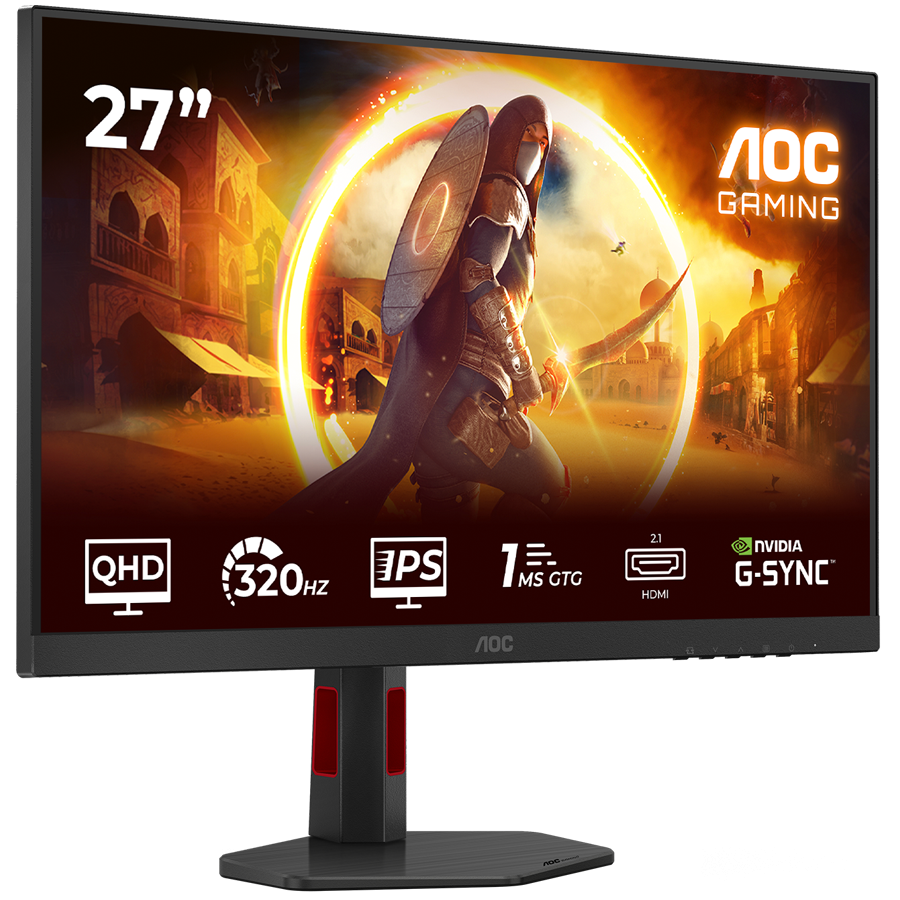 AOC Monitor Gaming Q27G4SRU 27", QHD (2560x1440), Fast IPS, 320Hz, 0.3ms MPRT (1ms GtG), 450 cd/m2, 1000:1, Adaptive Sync, G-Sync Compatible, HDR400, USB hub, 2x HDMI 2.1, 1x DP 1.4, Speakers, Full Ergo