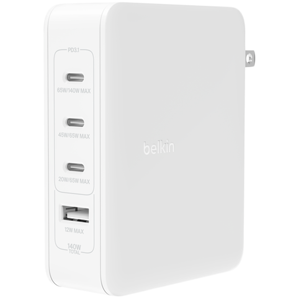 BELKIN 140w 4-ports USB GaN Wall Charger with UK, EU, US plug tips, White