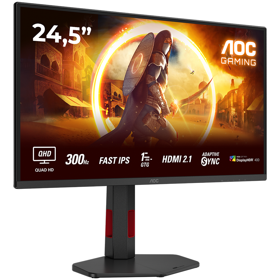 AOC MONITOR Q25G4SR, GAMING 25'', G, 300HZ, FAST IPS, 2560x1440, 0.3 MS, 80M:1, 300 CD/M, TILT, HEIGHT ADJUSTABLE, SWIVEL, PIVOT, 2X HDMI, DISPLAY PORT, 3YW, BLACK-RED
