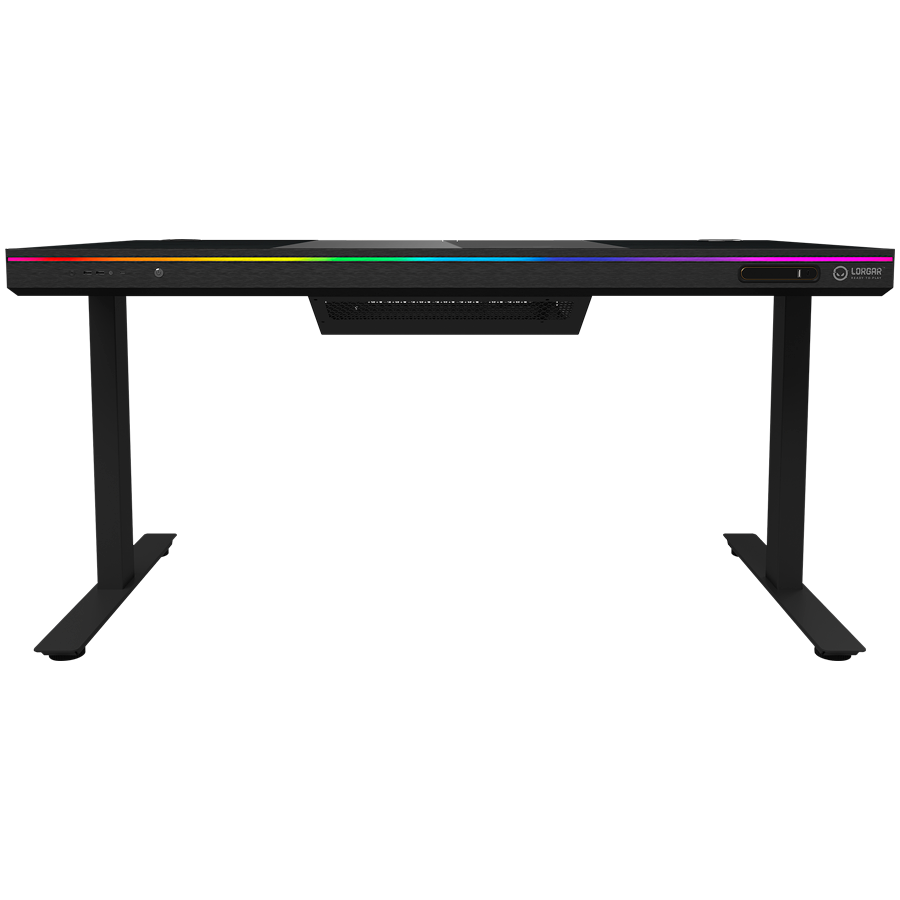 Dual-motor sit/stand adjustable-height gaming desk with built-in PC case, wireless charger, RGB lighting, control panel, and USB ports, tempered glass tabletop, black.