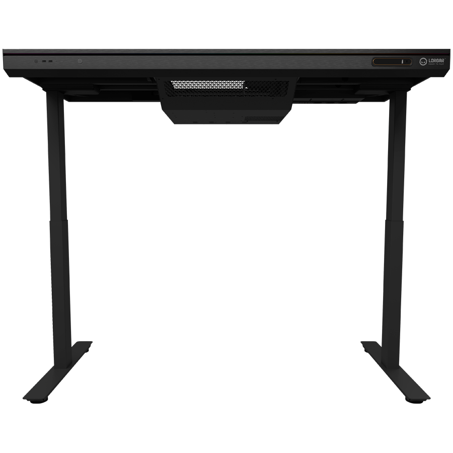Dual-motor sit/stand adjustable-height gaming desk with built-in PC case, wireless charger, RGB lighting, control panel, and USB ports, tempered glass tabletop, black.
