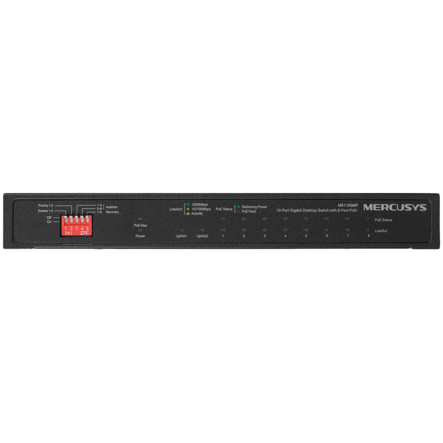 Mercusys MS112GMP 12-Port Gigabit Desktop Switch with 8-Port PoE+,  8x G PoE+ Ports, 2x G Non-PoE Ports, 2x G SFP Slots, 110 W PoE Power, Desktop Steel Case, Wall Mounting,  Extend Mode for 250m PoE Transmitting, Priority Port 1-2, Isolation Mode