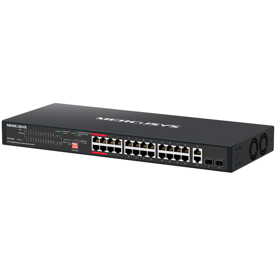 Mercusys MS128GP 28-Port Gigabit Rackmount Switch with 24-Port PoE+, 24x Gigabit PoE+ Ports, 2x Gigabit Non-PoE Ports, and 2x Gigabit SFP Slots, 295 W PoE Power, Rackmountable Steel Case, Extend Mode for 250m PoE Transmitting, Isolation Mode
