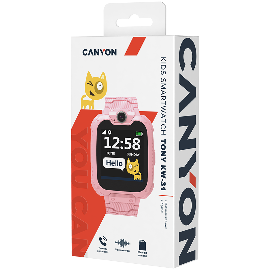 CANYON Tommy KW-31, Kids smartwatch, 1.54 inch colorful screen, Camera 0.3MP, Mirco SIM card, 32+32MB, GSM(850/900/1800/1900MHz), 7 games inside, 380mAh battery, compatibility with iOS and android, red, host: 54*42.6*13.6mm, strap: 230*20mm, 45g